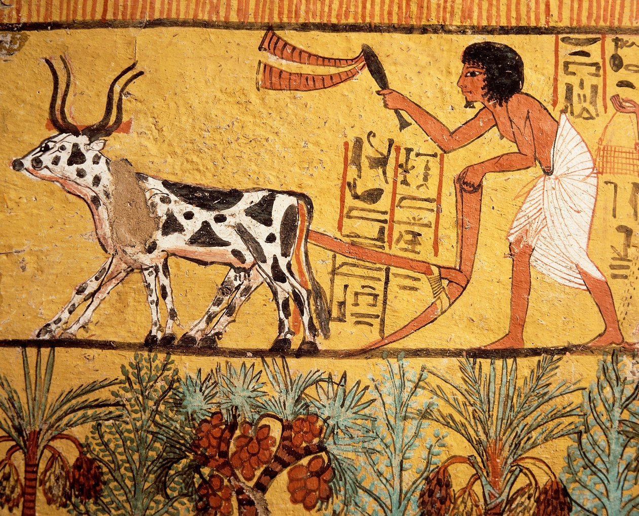 Egito, Tebas antiga, Deir el-Medina, Túmulo de Sennedjem, pintura mural representando Sennedjem a lavrar os campos de Iaru de Egyptian 19th Dynasty