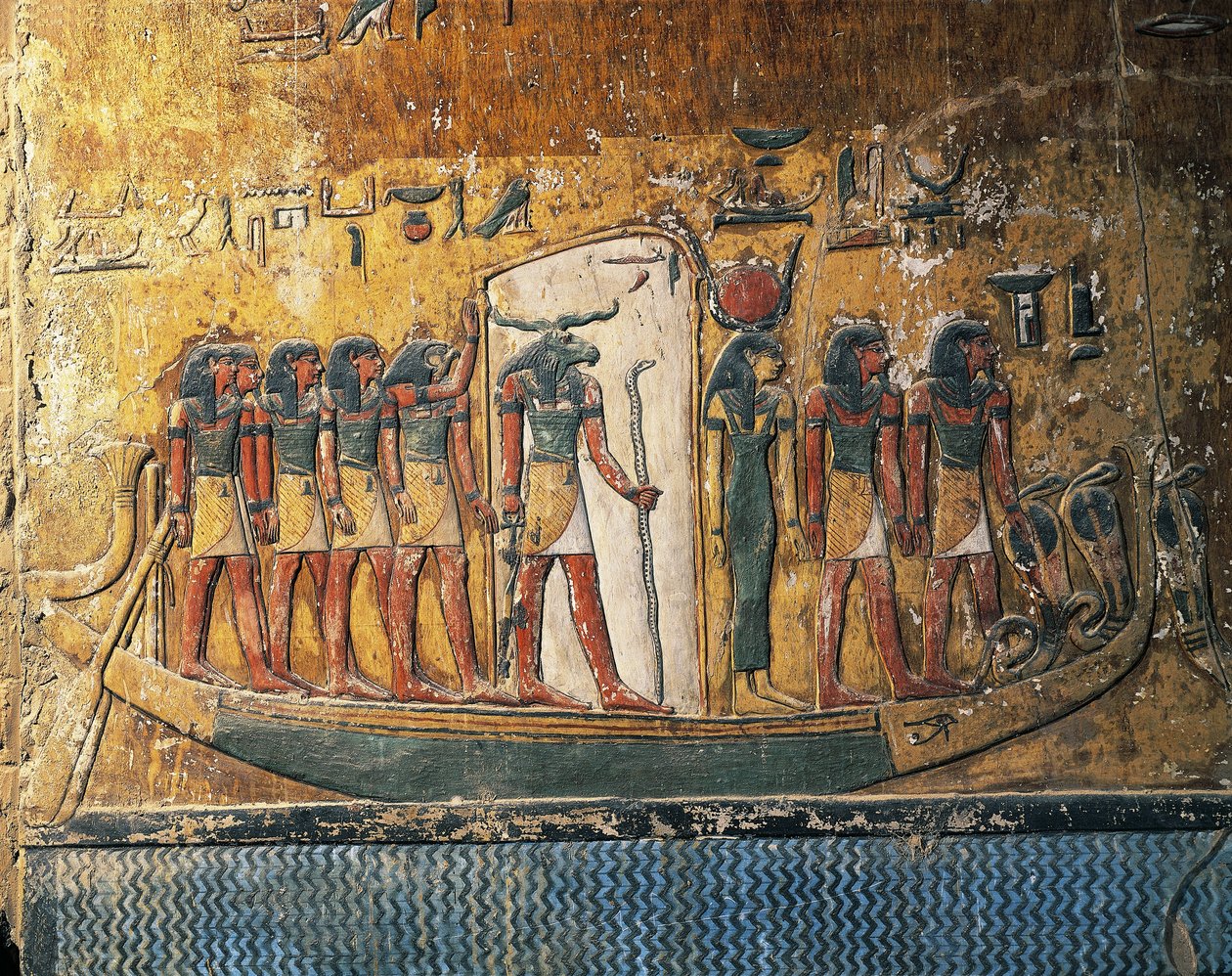Egipto, Luxor, Tebas Antiga, Vale dos Reis, Túmulo de Seti I, afrescos retratando o barco do sol com o deus cabeça de carneiro de Egyptian 19th Dynasty