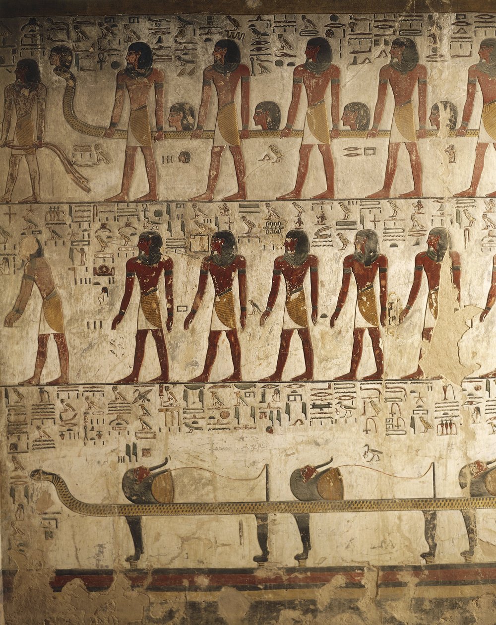 Egipto, Luxor, Vale dos Reis, Túmulo de Seti I, Relevo de cenas pintadas do Livro dos Portões de Egyptian 19th Dynasty