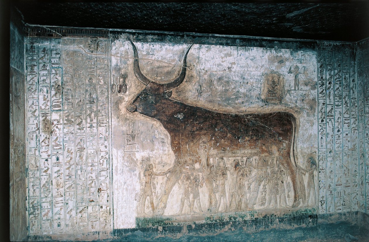 Egipto, Luxor, Vale dos Reis, Túmulo de Seti I, frescos interiores representando a deusa Nut como vaca de Egyptian 19th Dynasty