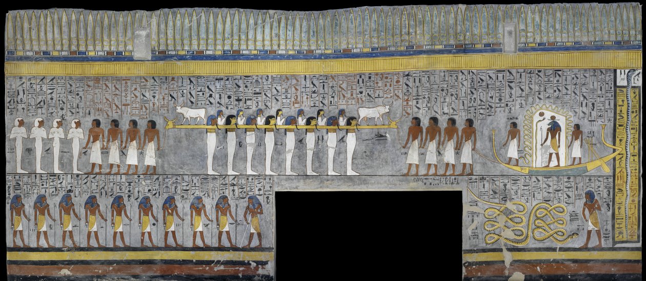 Egipto, Tebas, Luxor, Vale dos Reis, Túmulo de Ramsés I, pintura mural de Ra em casca solar em câmara funerária da 19ª dinastia de Egyptian 19th Dynasty
