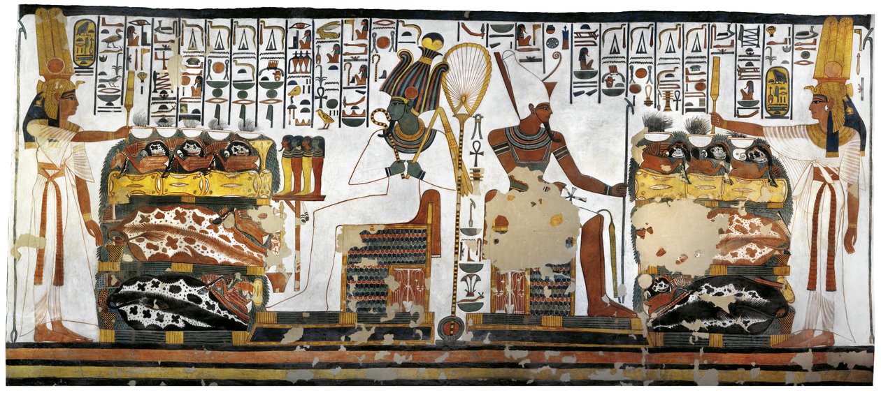 Egipto, Tebas, Luxor, Vale das Rainhas, Túmulo de Nefertari, Anexo à antecâmara, pinturas murais, oferta da Rainha antes de Osíris e Atum de Egyptian 19th Dynasty