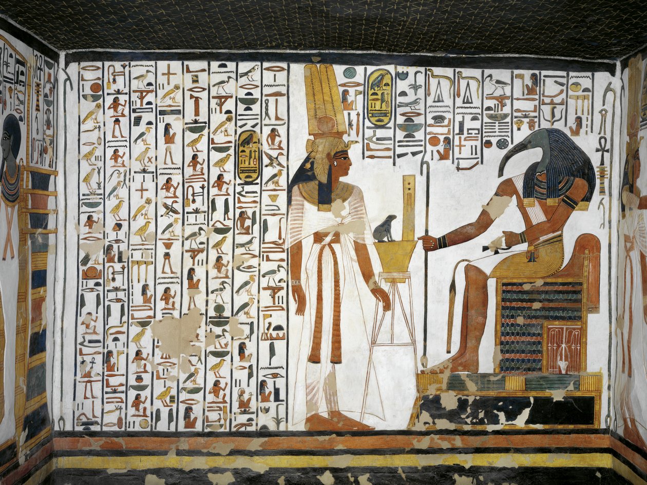Egipto, Tebas, Luxor, Vale das Rainhas, Túmulo de Nefertari, Anexo à antecâmara, pinturas murais, Rainha perante o escriba divino Toth de Egyptian 19th Dynasty