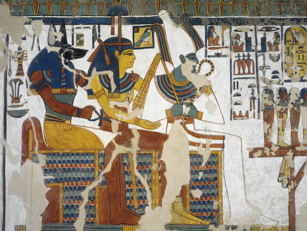 Egipto, Tebas, Luxor, Vale das Rainhas, Túmulo de Nefertari, pintura mural de Anúbis, Ísis e Osíris na câmara funerária da 19ª dinastia de Egyptian 19th Dynasty