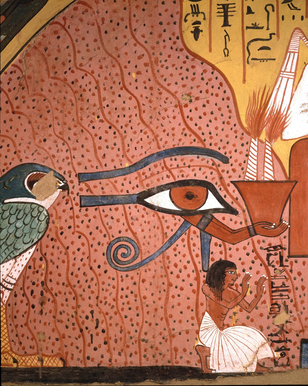 Antiquidade egípcia: "o artesão Pachedou (ou Pashedou ou Pachedou ou Pashedou ou Pashedu) ajoelha-se em adoração perto dele, o olho de Horus Oudjat" Fresco do túmulo de Pachedou, Deir, el Medinet, Egito de Egyptian 19th Dynasty