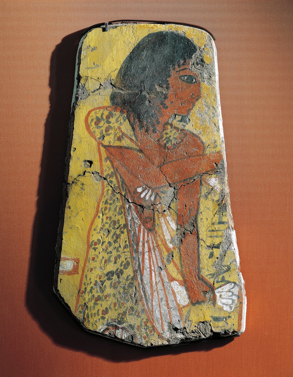 Fragmento de uma pintura sobre madeira de limoeiro representando um sacerdote durante uma cerimónia fúnebre do Egipto, Deir el-Medina de Egyptian 19th Dynasty