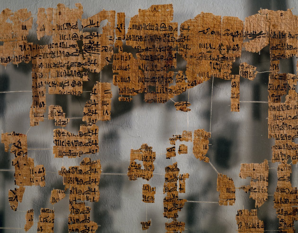 Fragmentos do Papiro de Turim, também conhecido como Papiro do Rei ou Papiro do Cânone Real, com cerca de 41 x 170 cm, provavelmente datado do reinado de Ramsés II de Tebas, Civilização Egípcia, Novo Reino, Dinastia XIX de Egyptian 19th Dynasty