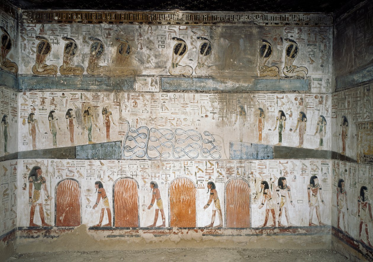 De cima para baixo, cobra, resgatando sobreviventes da revolta contra o deus Sol, gênios alimentando fogo para os condenados, afresco da capela lateral da Tumba de Seti I, Vale dos Reis, Luxor, Tebas (Patrimônio Mundial da Unesco Unesco de Egyptian 19th Dynasty