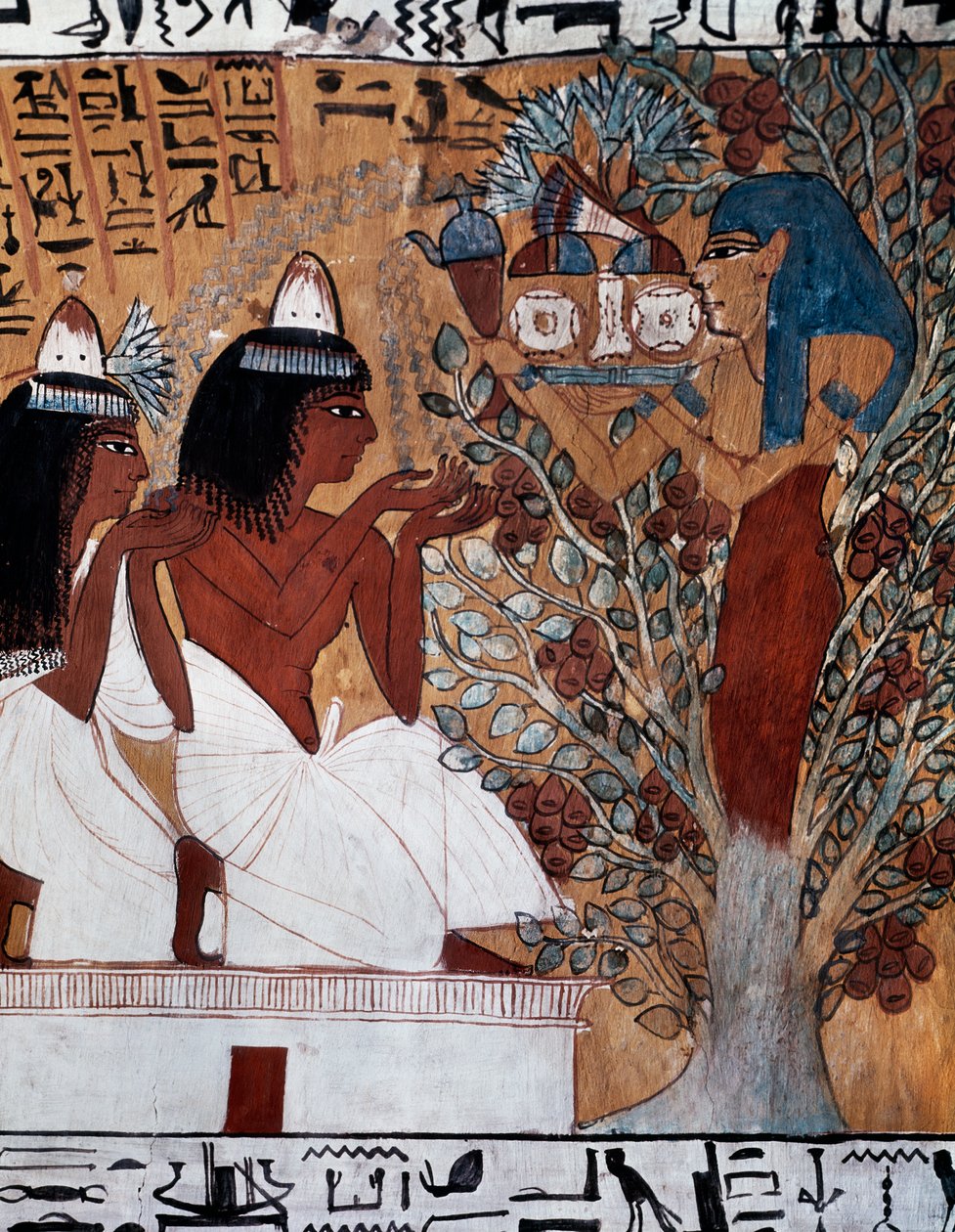 Deusa Ísis, aparecendo a Sennedjem e à sua mulher num sicómoro sagrado, Túmulo de Sennedjem, também conhecido como túmulo TT1, datado do reinado de Ramsés II, Deir el-Medina, Necrópole Tebana, Civilização Egípcia, Novo Reino, Dinastia XIX de Egyptian 19th Dynasty