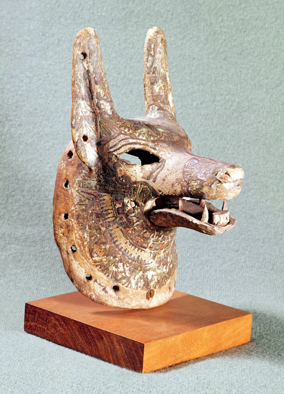Cabeça de Anubis, com uma mandíbula articulada, usada como uma máscara oracular, New Kingdom (madeira pintada) (veja também 55441) de Egyptian 19th Dynasty
