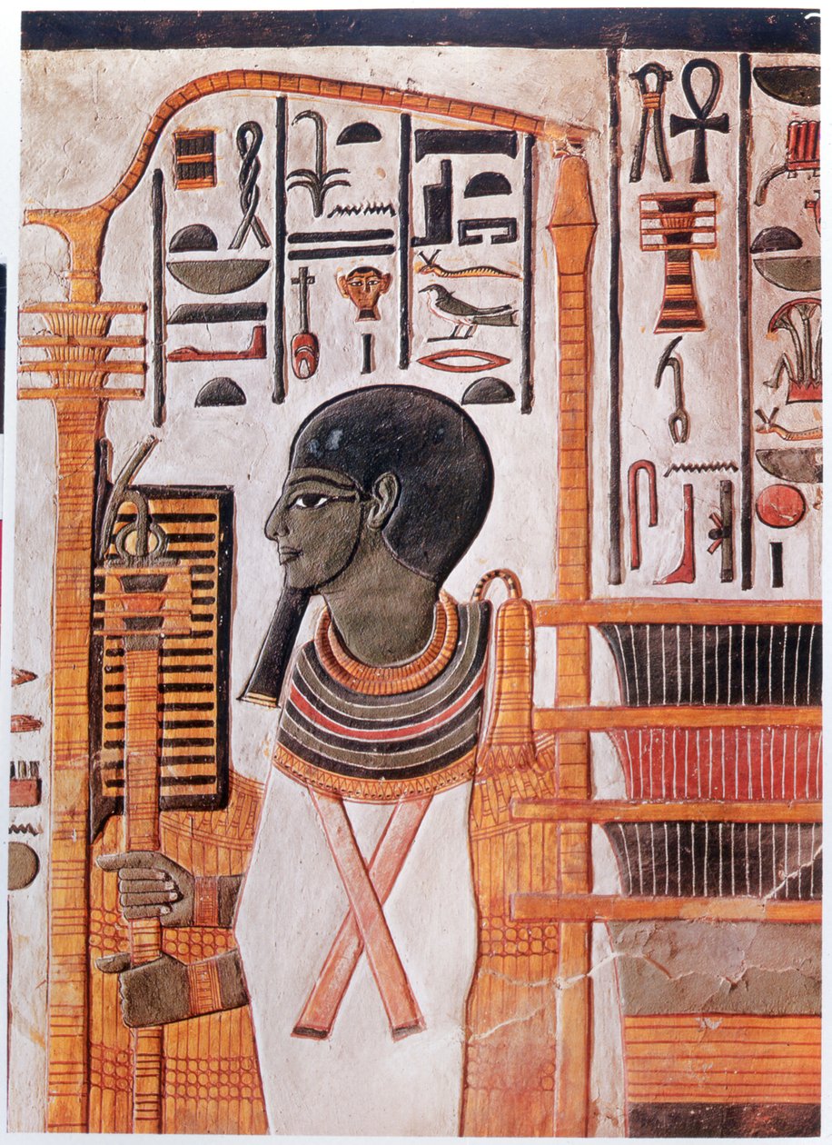 História. Antigo Egipto. Ptah, deificação do monte primordial na cosmogonia da Ennead. Fresco no túmulo de Nefertari, no Vale dos Reis, Antigo Egipto. (fresco) de Egyptian 19th Dynasty