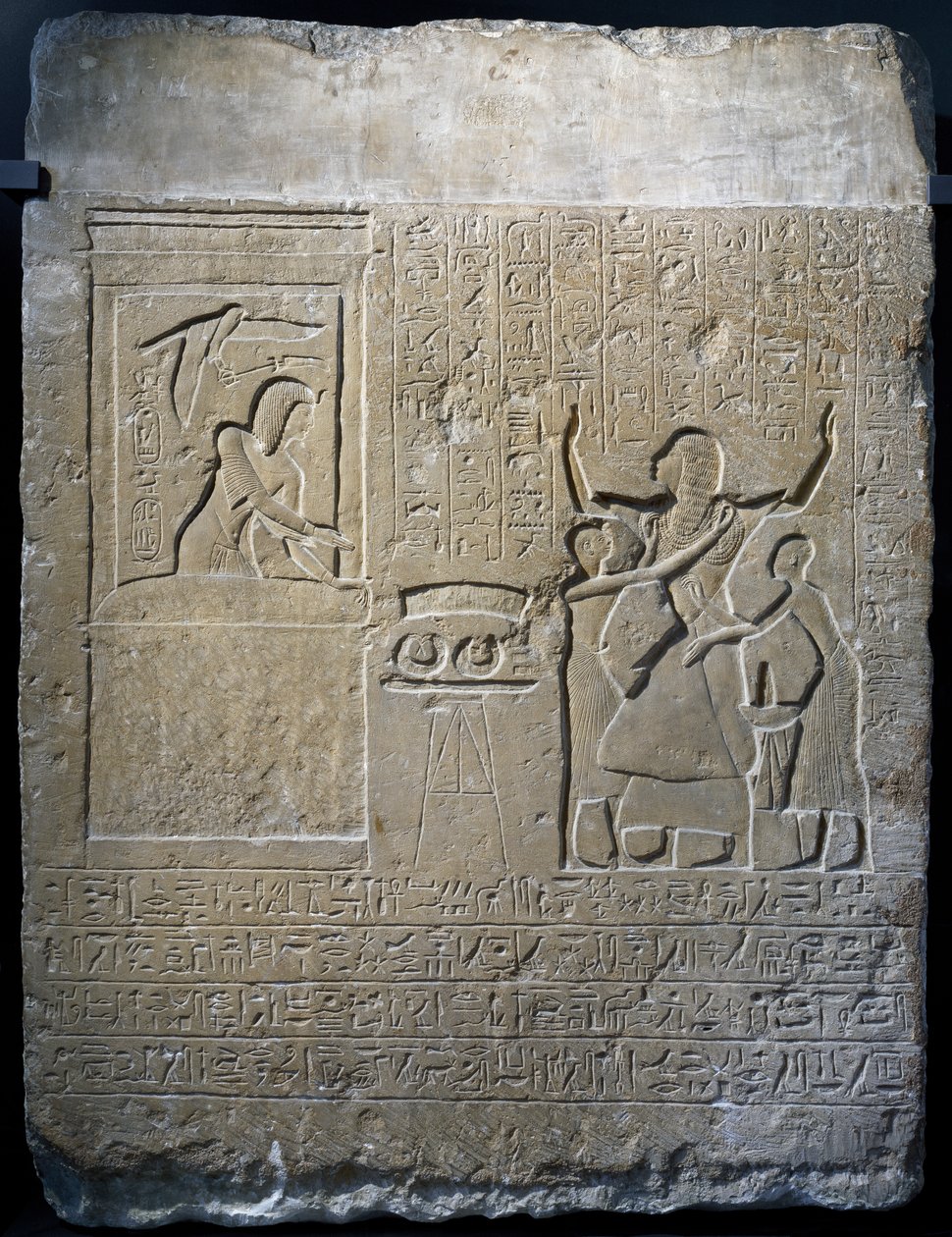Hormin, chefe do harém do rei, recompensado com colares de ouro que lhe foram dados por Seti I, estela de calcário de Egyptian 19th Dynasty