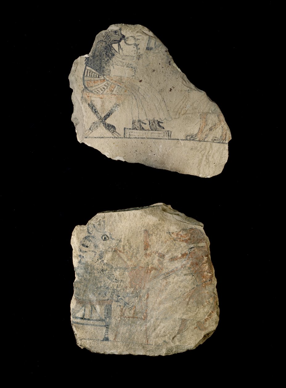 Ostraca de calcário com desenhos humorísticos em tinta vermelha e preta (calcário pintado com tinta preta e vermelha) de Egyptian 19th Dynasty