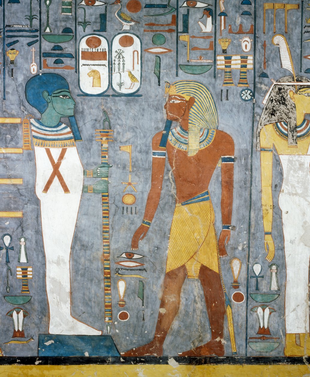 Maat, Ramesses I, Ptah e Pilar de Osiris, afrescos da câmara funerária do Túmulo de Ramesses I, Vale dos Reis, Luxor, Tebas (Lista do Património Mundial da Unesco de Egyptian 19th Dynasty