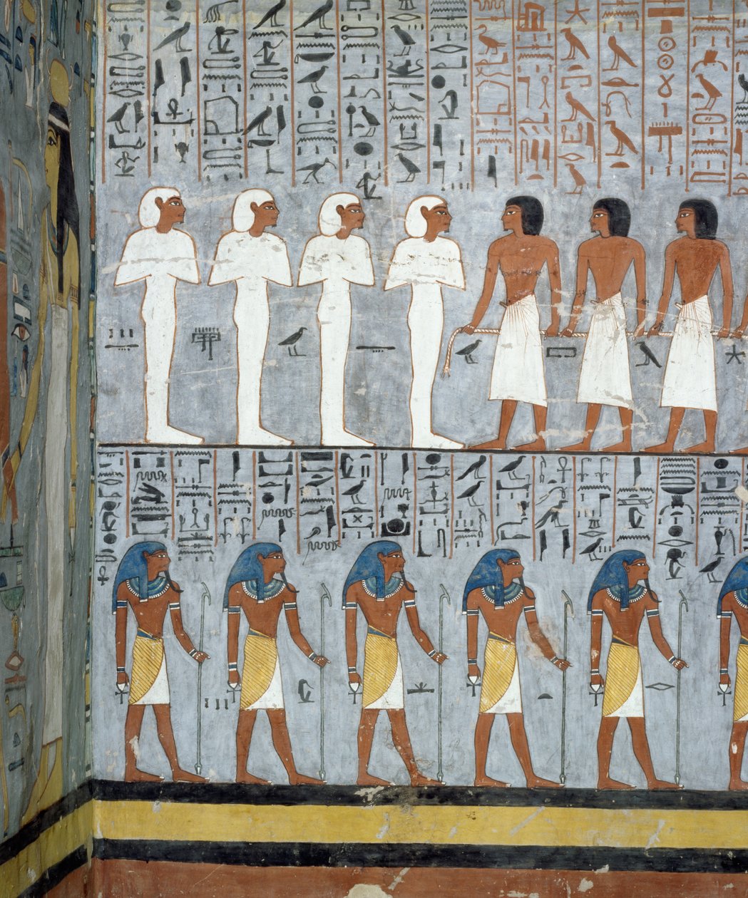 Múmias e figuras masculinas, detalhe de afrescos em câmara funerária do Túmulo de Ramesses I, Vale dos Reis, Luxor, Tebas (Lista do Património Mundial da Unesco de Egyptian 19th Dynasty