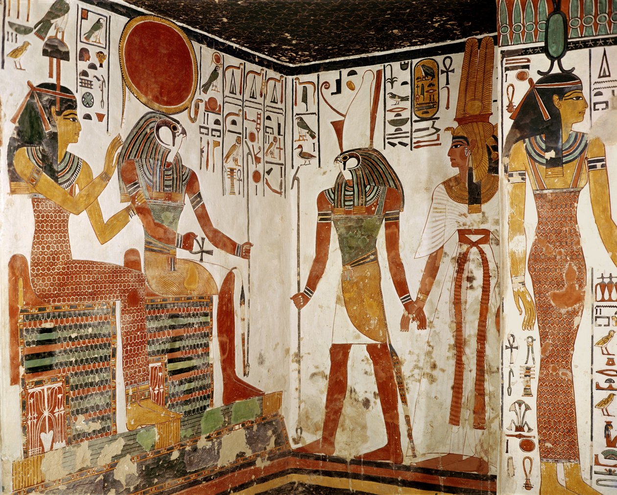 Nefertari é trazido diante do deus Re-Horakhty por Horus, do túmulo de Nefertari, New Kingdom (pintura de parede) de Egyptian 19th Dynasty