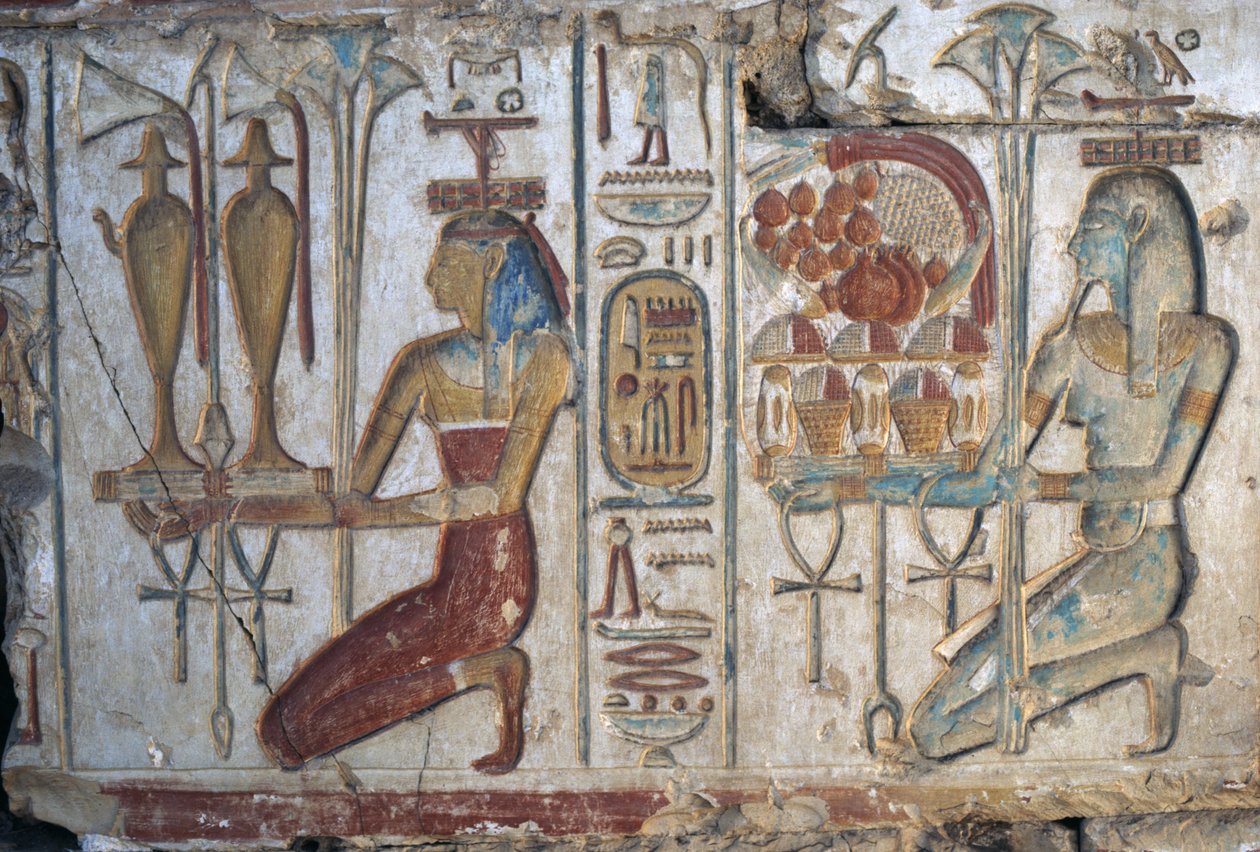 Cena de oferenda, relevo, Templo de Ramsés II, Abydos, Egipto, civilização egípcia, Novo Reino, Dinastia XIX (foto) de Egyptian 19th Dynasty