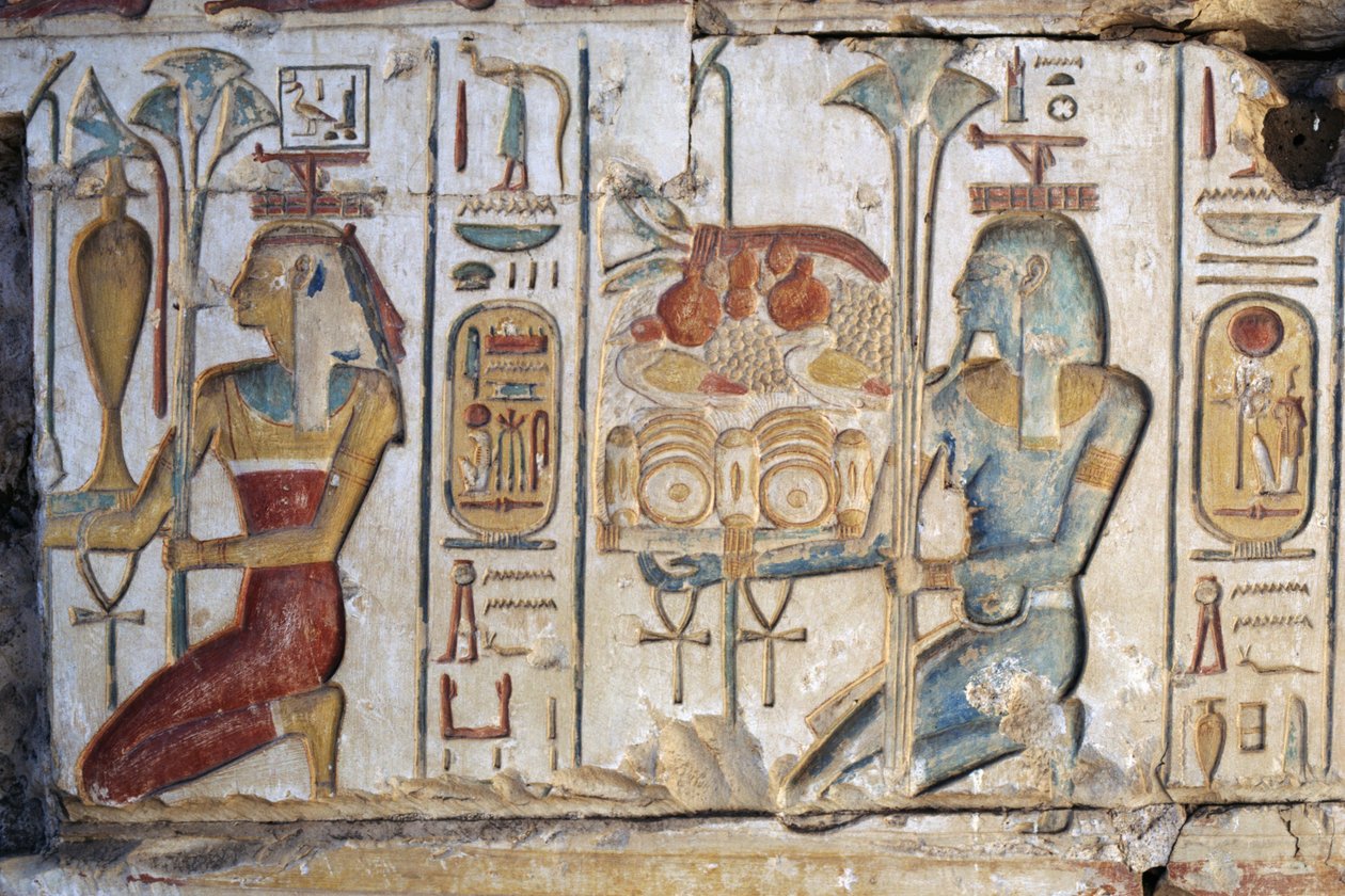 Cena de oferenda, relevo, Templo de Ramsés II, Abydos, Egipto, civilização egípcia, Novo Reino, Dinastia XIX (foto) de Egyptian 19th Dynasty