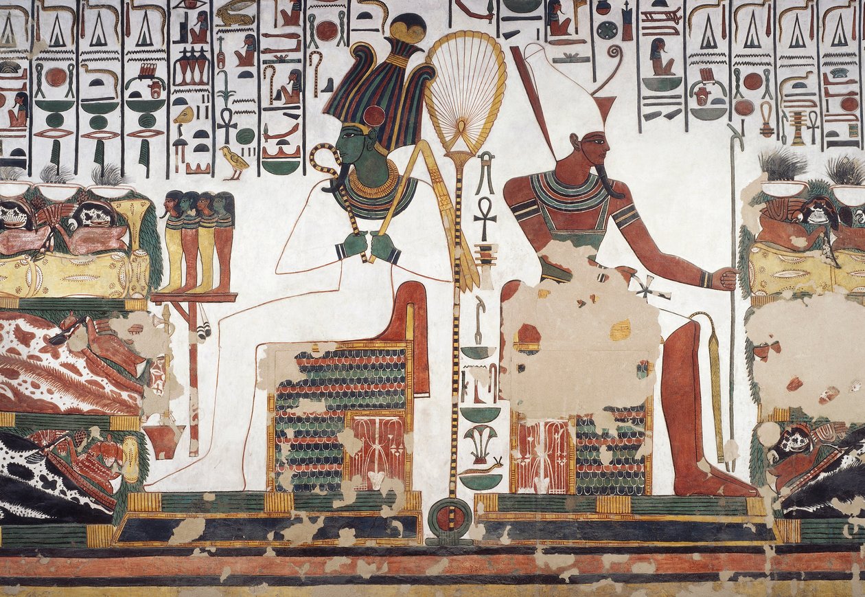 Osiris e Atum, fresco, parede leste, câmara do lado leste, Túmulo de Nefertari (QV66), Vale das Rainhas, Tebas (Lista do Patrimônio Mundial da Unesco) de Egyptian 19th Dynasty