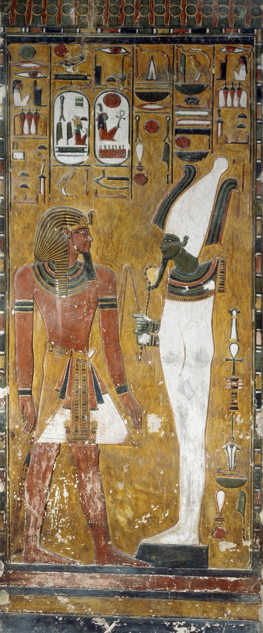 Osíris e Seti I, detalhe de afrescos em câmara funerária do Túmulo de Seti I, Vale dos Reis, Luxor, Tebas (Lista do Património Mundial da Unesco de Egyptian 19th Dynasty