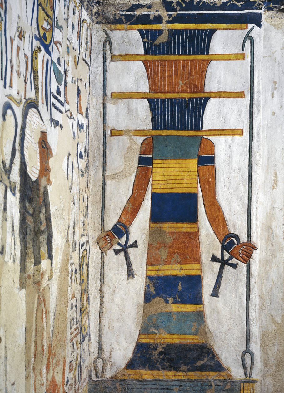 Osiris como um pilar djed segurando um ceptro em cada mão e com um tornozelo em cada pulso, detalhe do primeiro anexo ocidental do Túmulo de Nefertari (pintura de parede)

Egito, Tebas, Luxor, Vale das Rainhas, Tumba de Nefertari, Anexo ao champô funerár de Egyptian 19th Dynasty