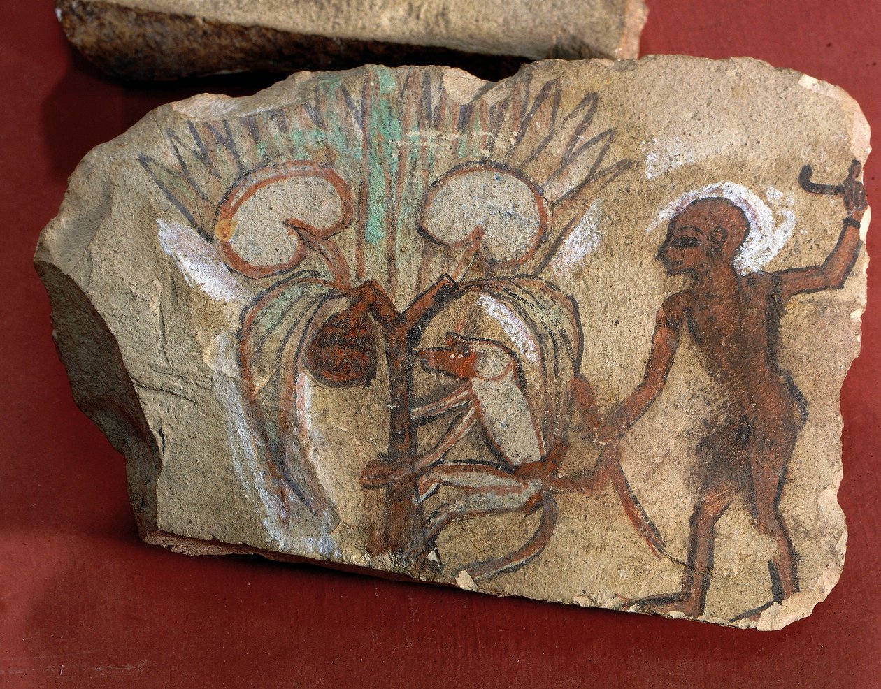 Ostrakon representando um macaco a apanhar tâmaras observado por um jovem do Egipto, Tebas Ocidental, Deir el-Medina de Egyptian 19th Dynasty