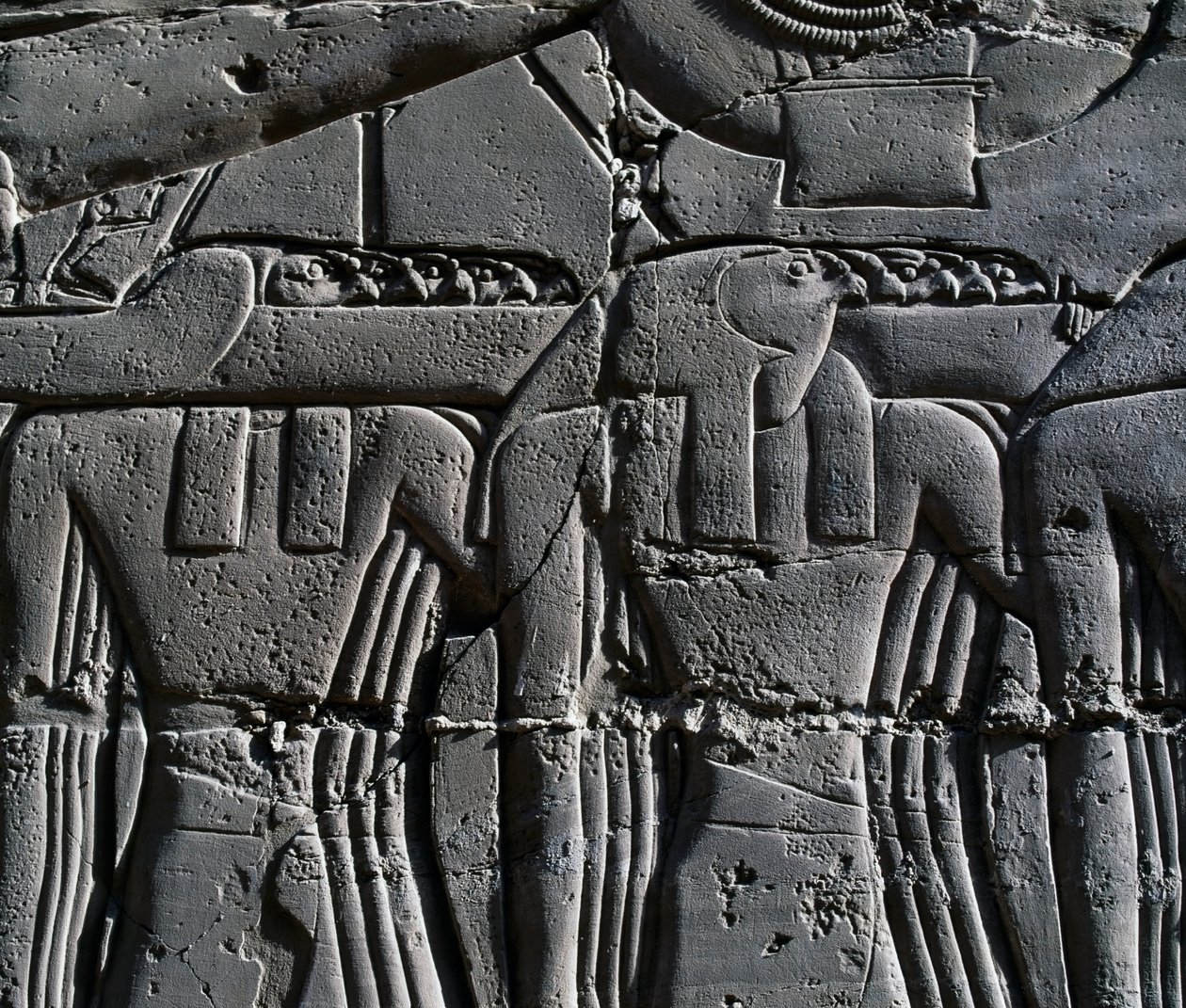 Sacerdote com máscara de falcão, pormenor de cena representando Ramsés II em frente de um barco sagrado, relevo, paredes interiores do Grande Salão Hipostilo, complexo do templo de Karnak (Lista do Património Mundial da Unesco de Egyptian 19th Dynasty