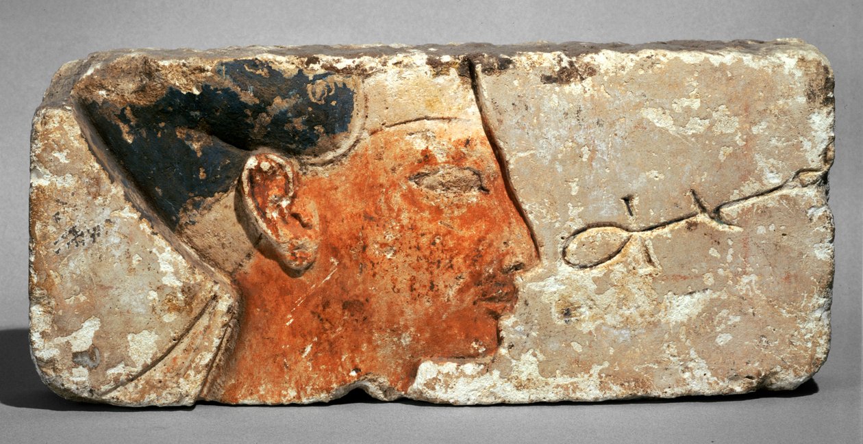Perfil de um rei, provavelmente Ramsés II - Perfil do Faraó Ramsés II. Pedra calcária pintada ... de Egyptian 19th Dynasty