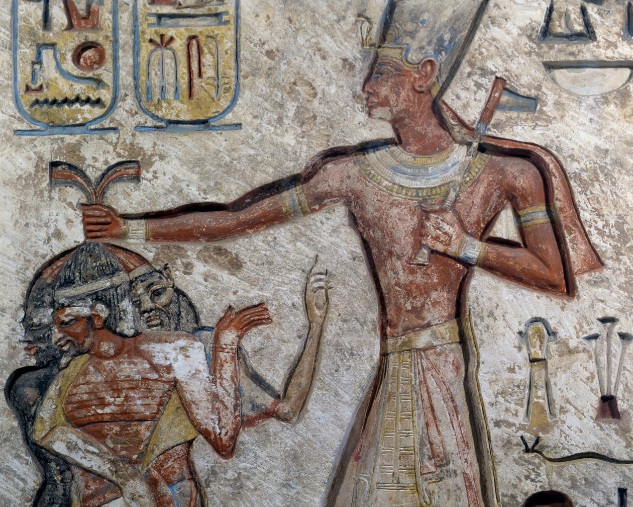Ramsés II segurando prisioneiros pelos cabelos, pormenor, Civilização Egípcia, Novo Reino, Dinastia XIX de Egyptian 19th Dynasty