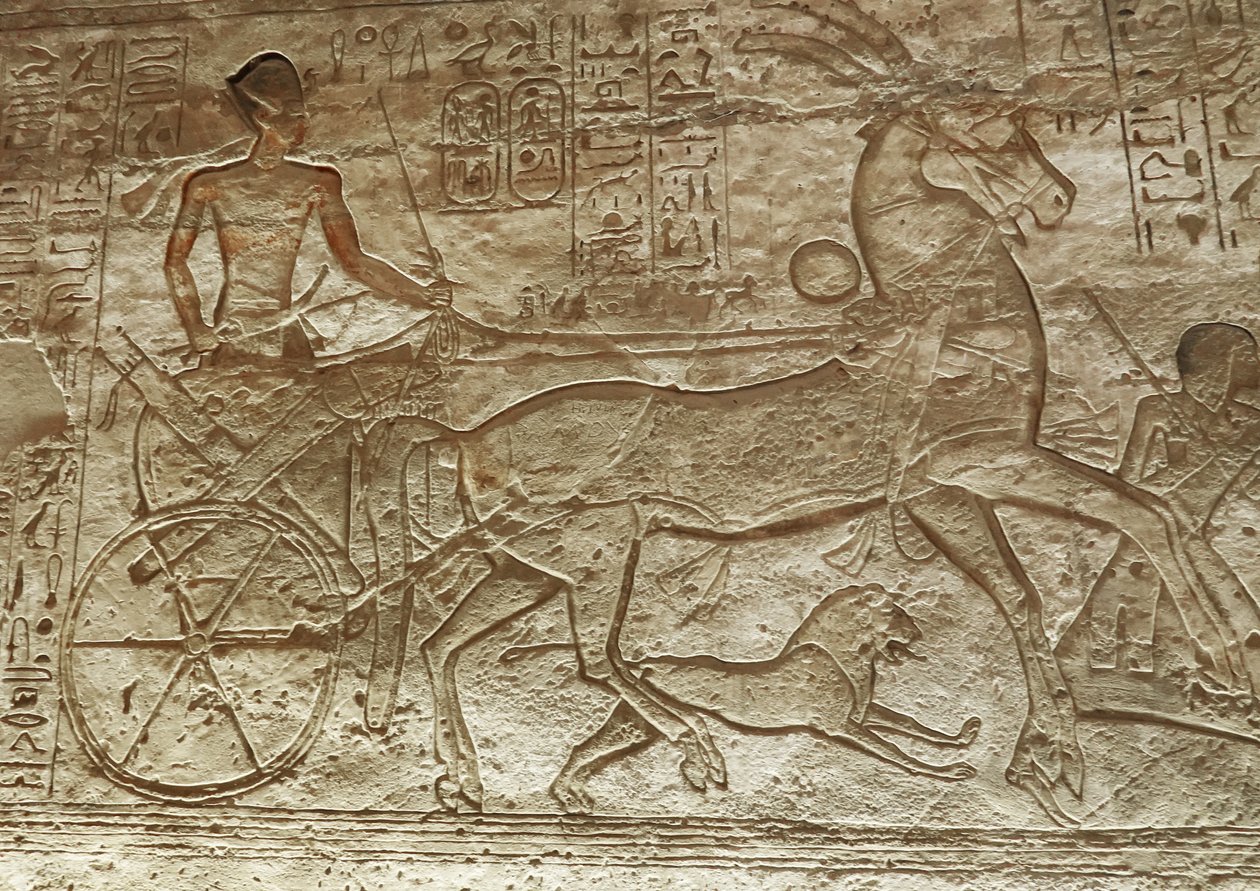 Ramsés II na sua carroça, grande templo de Abu Simbel (relevo) de Egyptian 19th Dynasty