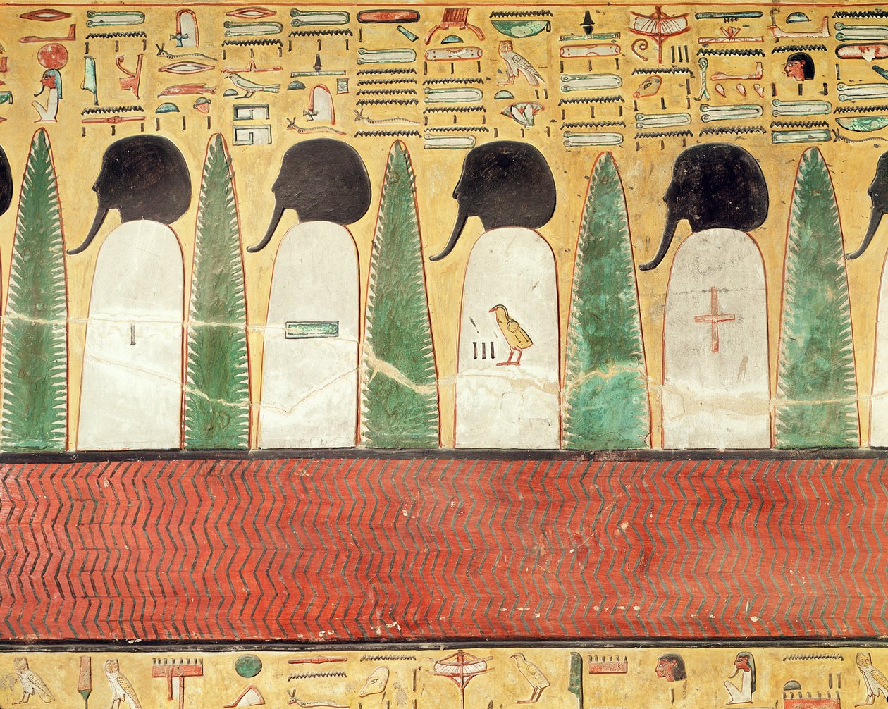 Relevo retratando deuses de cabeça negra no submundo, a partir do túmulo de Seti I (r.1294-1279 aC) Novo Reino (calcário pintado) de Egyptian 19th Dynasty