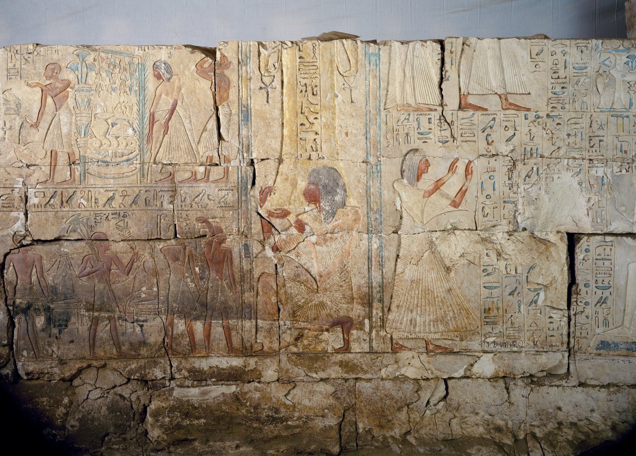 Relevo do túmulo de Netcherouymes, importante funcionário de Ramsés II, Saqqara, reinado de Ramsés II. Civilização Egípcia, Novo Reino, Dinastia XIX de Egyptian 19th Dynasty