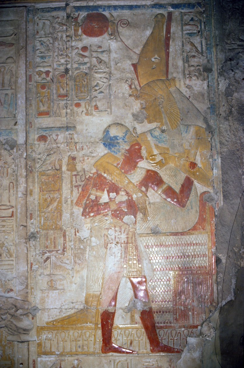 Socorro de Sethos I (1303-1290 aC) e Isis, Novo Reino (pintura mural) de Egyptian 19th Dynasty