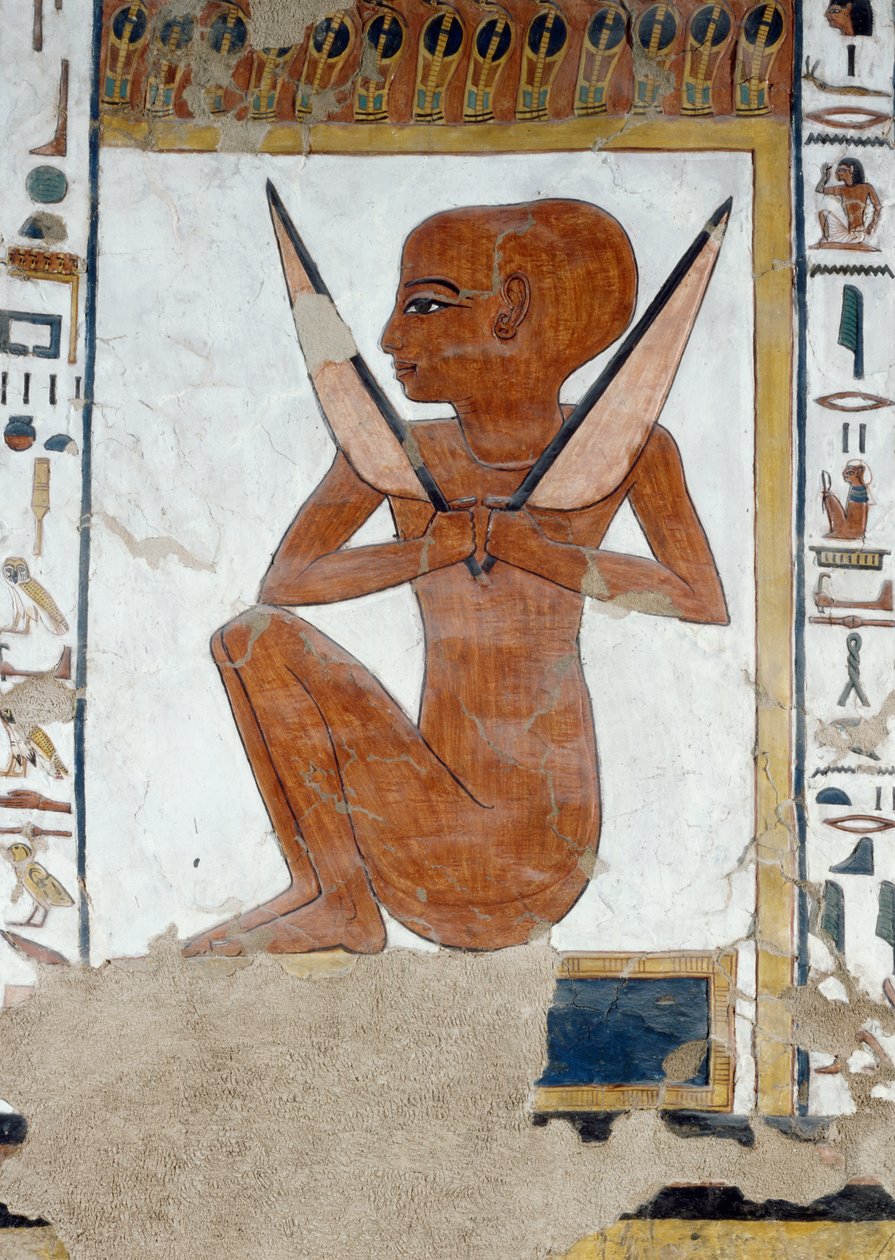 Representação de Henty-Reki, guardião da quinta Porta do Reino de Osíris, detalhe dos afrescos na câmara funerária de Nefertari, Vale das Rainhas, Luxor, Tebas. Civilização egípcia, Reino Novo, Dinastia XIX. de Egyptian 19th Dynasty