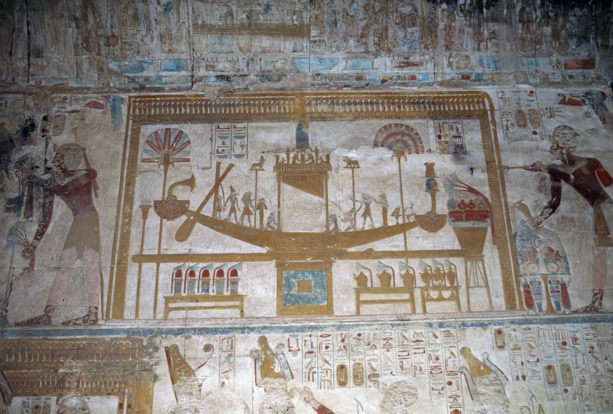 Barco sagrado, baixo-relevo, capela de Osíris, Templo de Seti I de Egyptian 19th Dynasty