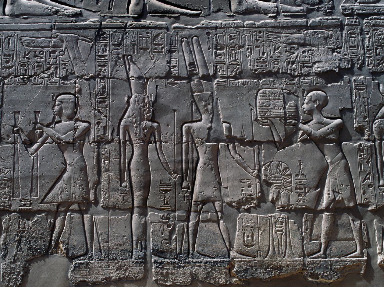 Cenas de oferendas aos deuses, relevo, paredes interiores do Grande Salão Hipostilo, complexo do templo de Karnak (Lista do Património Mundial da Unesco de Egyptian 19th Dynasty