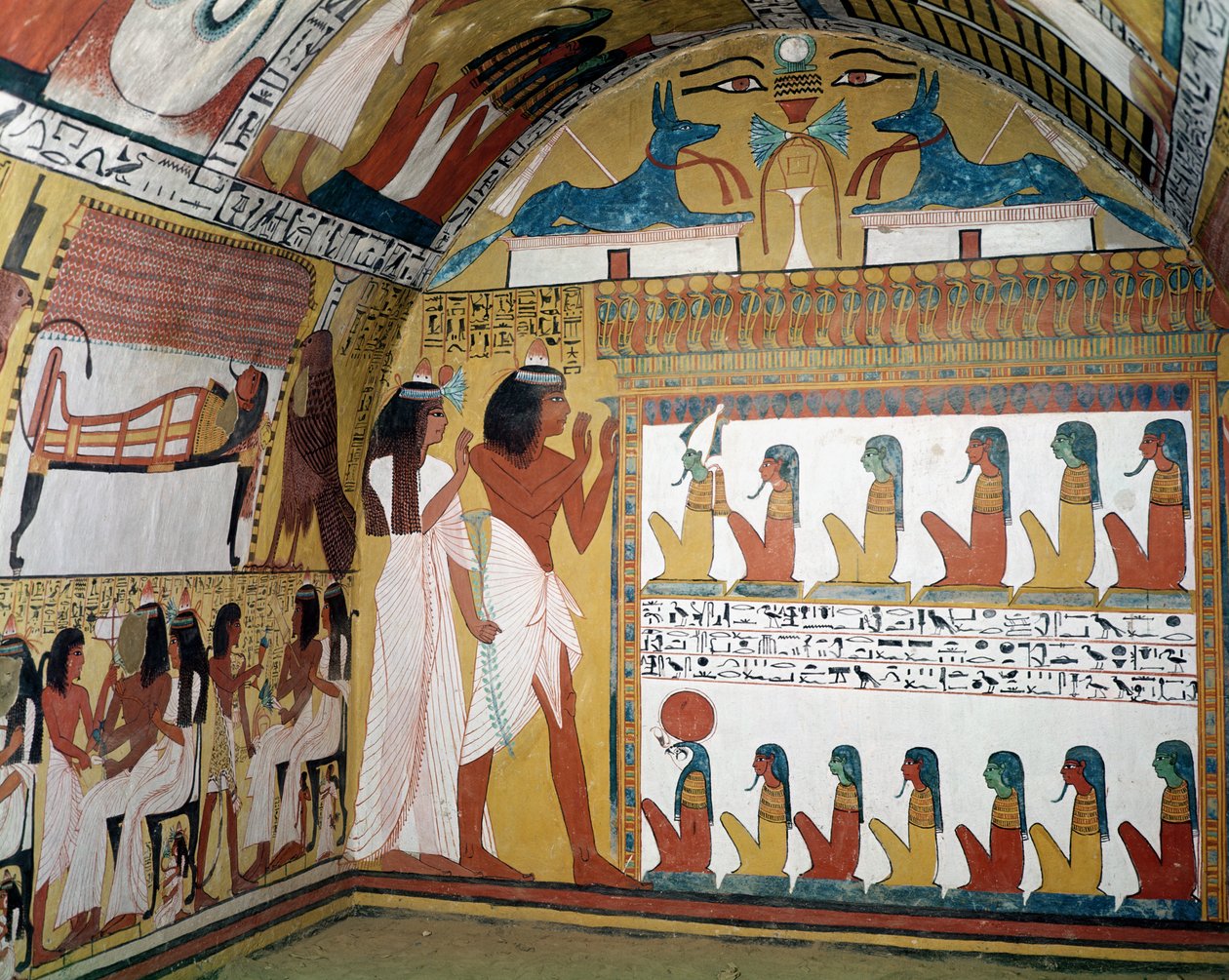 Sennedjem e sua esposa enfrentam um naos contendo doze divindades, da parede oeste da tumba de Sennedjem, a vila dos trabalhadores, New Kingdom (pintura de parede) de Egyptian 19th Dynasty