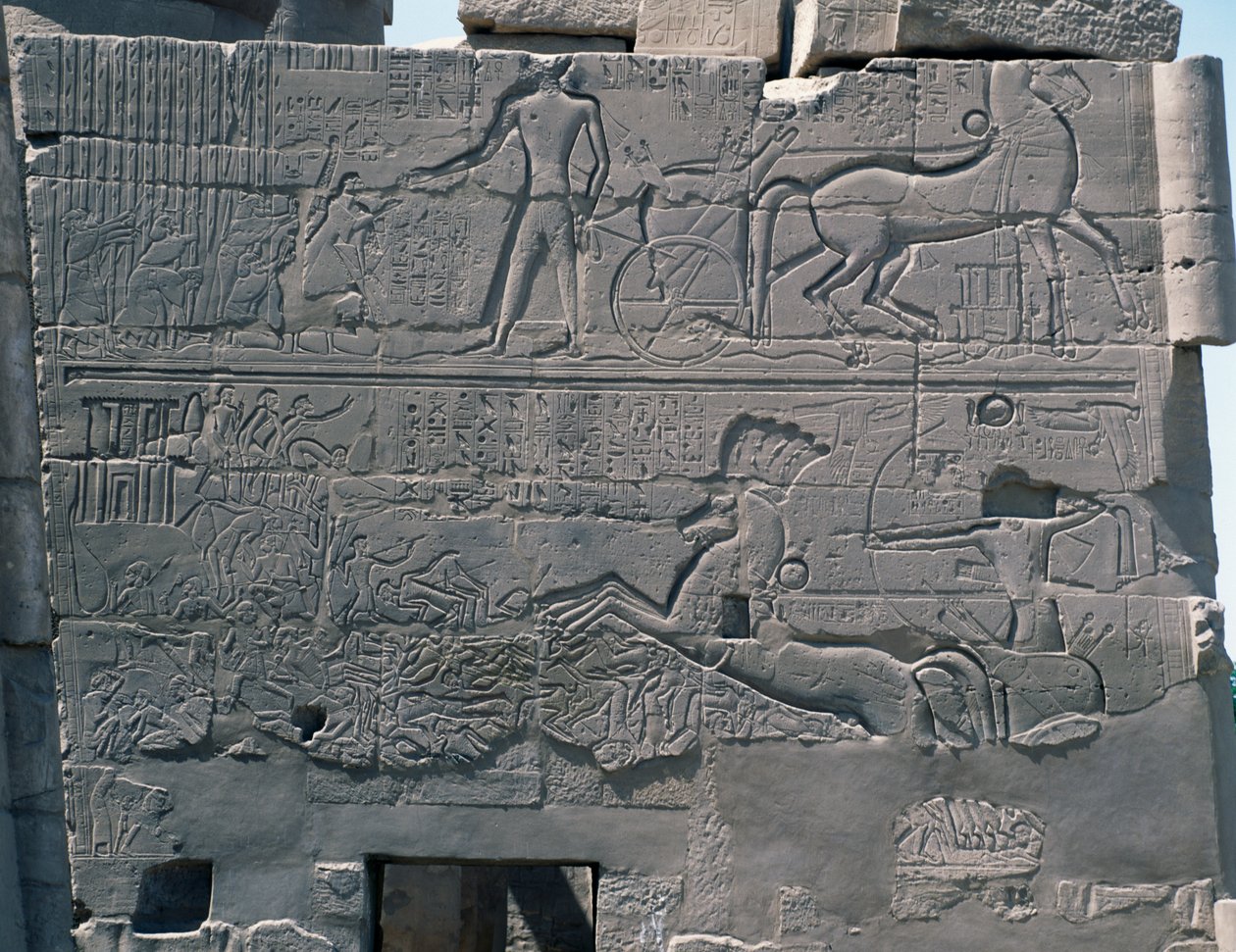 Batalha de Seti I contra a Palestina, relevo, parede exterior leste do Grande Salão Hipostilo, complexo do templo de Karnak (Lista do Património Mundial da Unesco de Egyptian 19th Dynasty