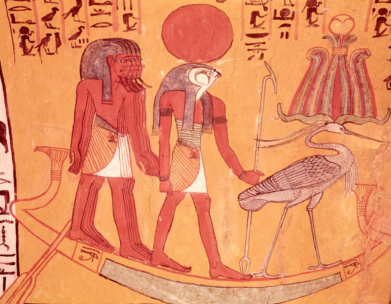 Barca solar com Re-Horakhty, o pássaro benu e quatro outras divindades, do Túmulo de Sennedjem, a Vila dos Trabalhadores, o Novo Reino (pintura de parede) de Egyptian 19th Dynasty