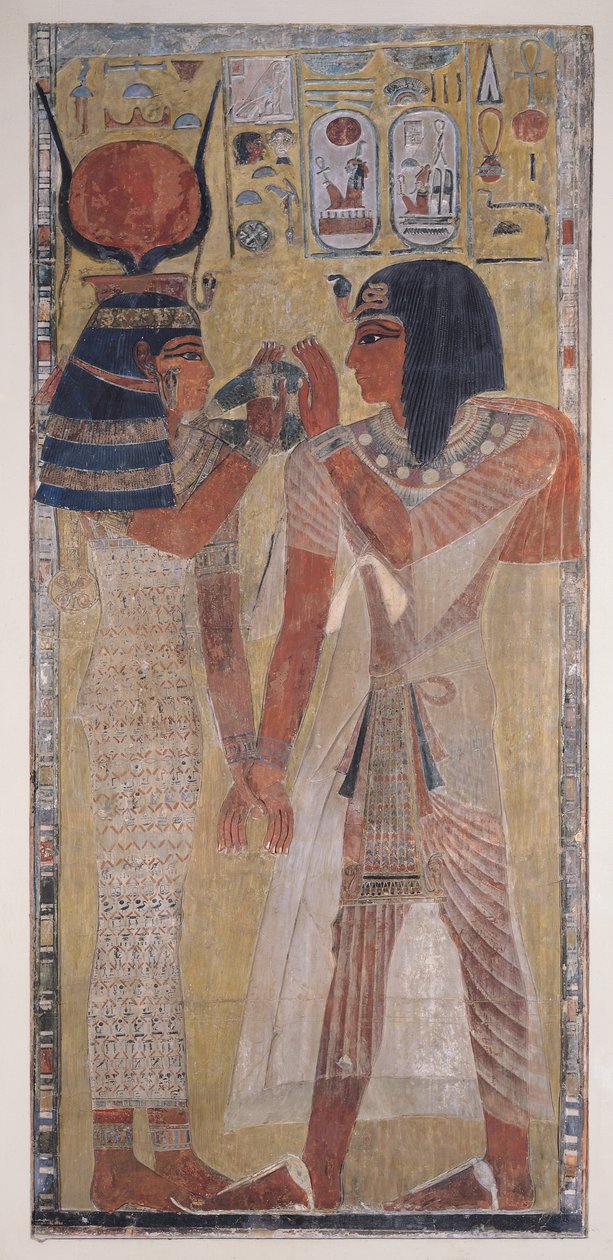 A Deusa Hathor colocando a coleira mágica em Seti I (c.1394-1279 aC), tirada da Tumba de Seti I no Vale dos Reis, Novo Reino (relevo calcário pintado) de Egyptian 19th Dynasty
