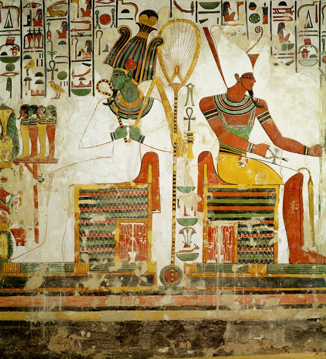 Os deuses Osiris e Atum, do túmulo de Nefertari, New Kingdom (pintura de parede) de Egyptian 19th Dynasty