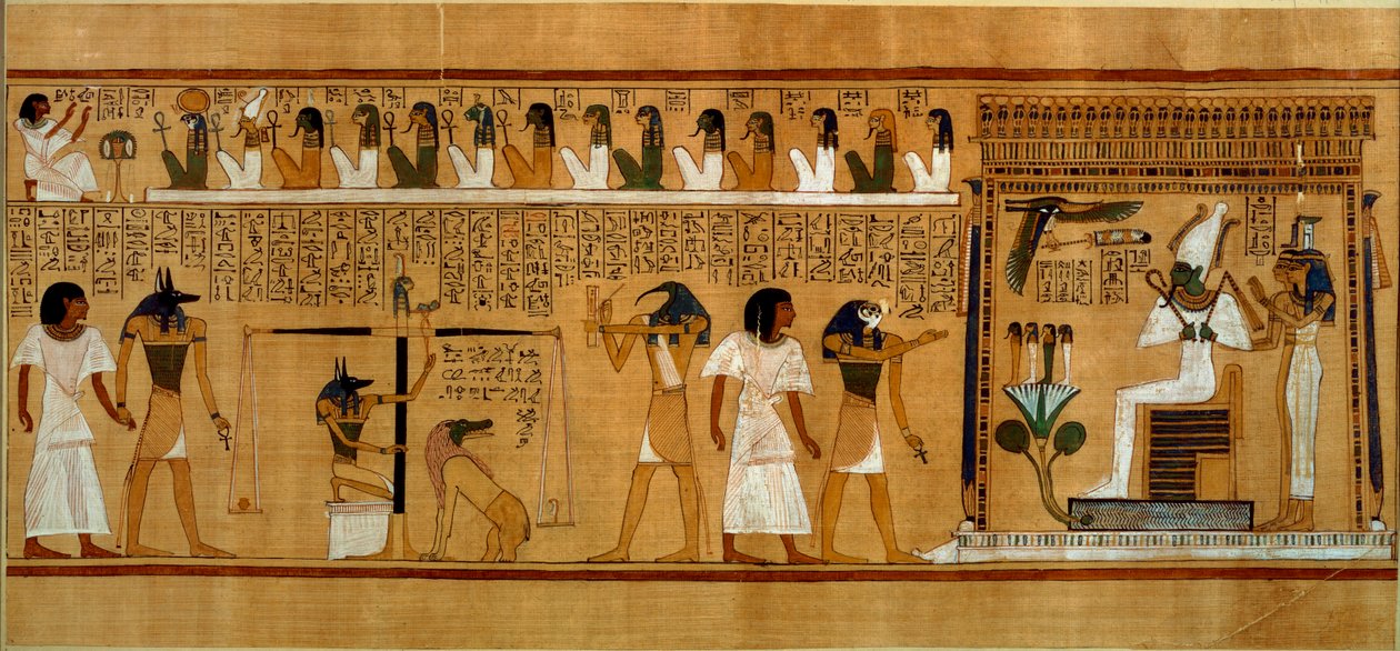 A Pesagem do Coração contra Maats Pena da Verdade, do Livro dos Mortos do Real Escriba Hunefer, Novo Reino, c.1275 aC (papiro) de Egyptian 19th Dynasty