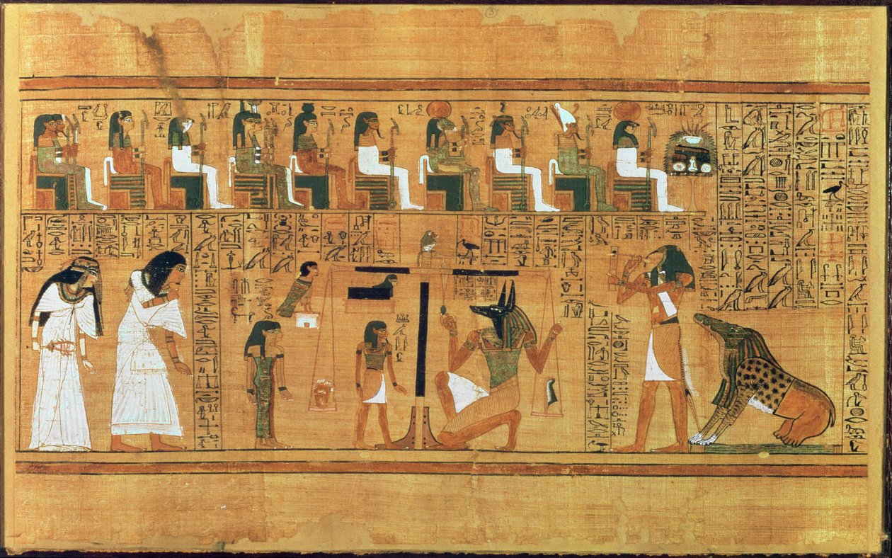 A pesagem do coração contra a pena da verdade, do livro dos mortos do escriba Qualquer, c.1250 aC (papiro pintado) de Egyptian 19th Dynasty