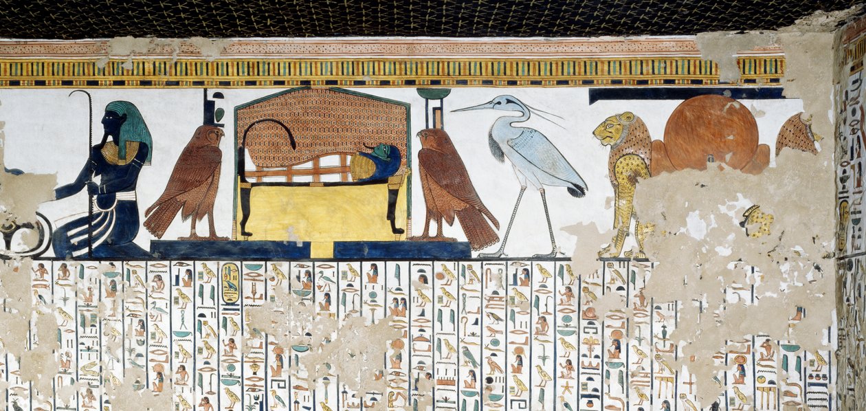 Registro superior, leões com símbolo de Atum, deus Bennu, símbolo da alma de Ra, múmia de Nefertari com dois falcões, e gênio do Nilo, registro inferior, capítulo 17 do Livro dos Mortos, afresco, Tumba de Nefertari, Vale das Rainhas, Tebas. Novo Reino, Din de Egyptian 19th Dynasty