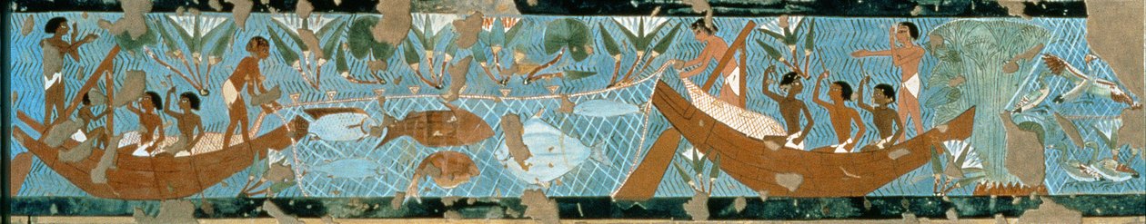 Pintura de parede do túmulo de Ipuy, Tebas, representando uma cena de pesca, New Kingdom, c.1275 aC (calcário pintado) de Egyptian 19th Dynasty