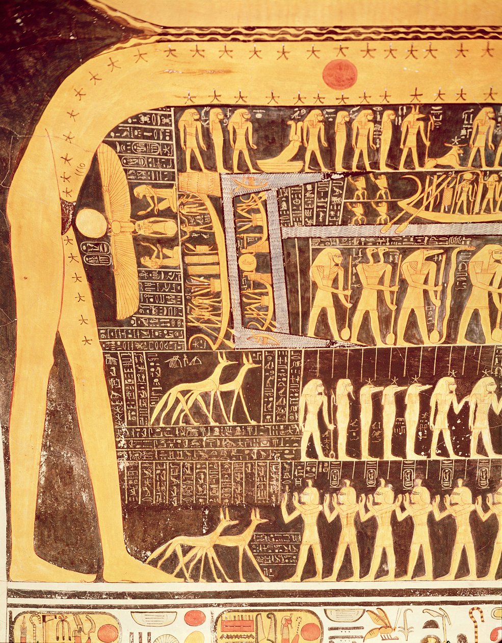 Detalhe do livro do dia do teto da câmara funerária do túmulo de Ramsés VI (r.1143-1136 aC) Novo Reino (pintura de parede) de Egyptian 20th Dynasty