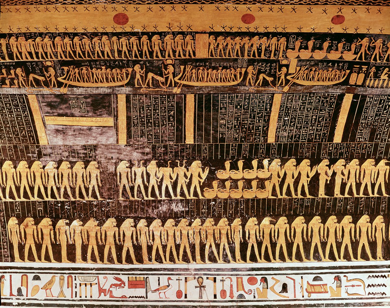 Detalhe do livro do dia do teto da câmara funerária do túmulo de Ramsés VI (r.1143-1136 aC) Novo Reino (pintura de parede) de Egyptian 20th Dynasty