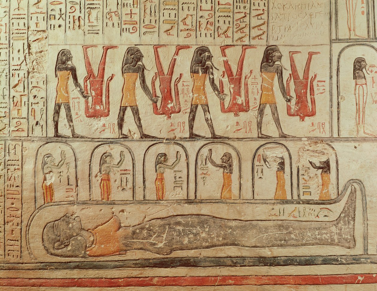 Detalhe do Livro da Terra, da câmara sepulcral do Túmulo de Ramesses VI (r.1143-1136 a.C.) Novo Reino (pintura de parede) de Egyptian 20th Dynasty