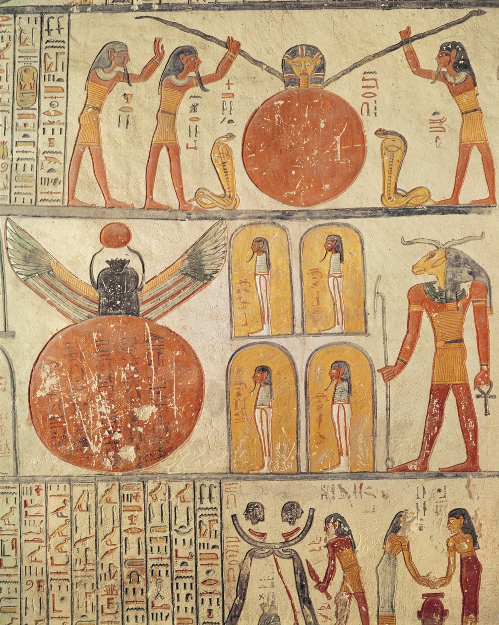 Detalhe do Livro da Terra, da câmara funerária do túmulo de Ramsés VI (r.1143-1136 aC) Novo Reino (pintura de parede) de Egyptian 20th Dynasty
