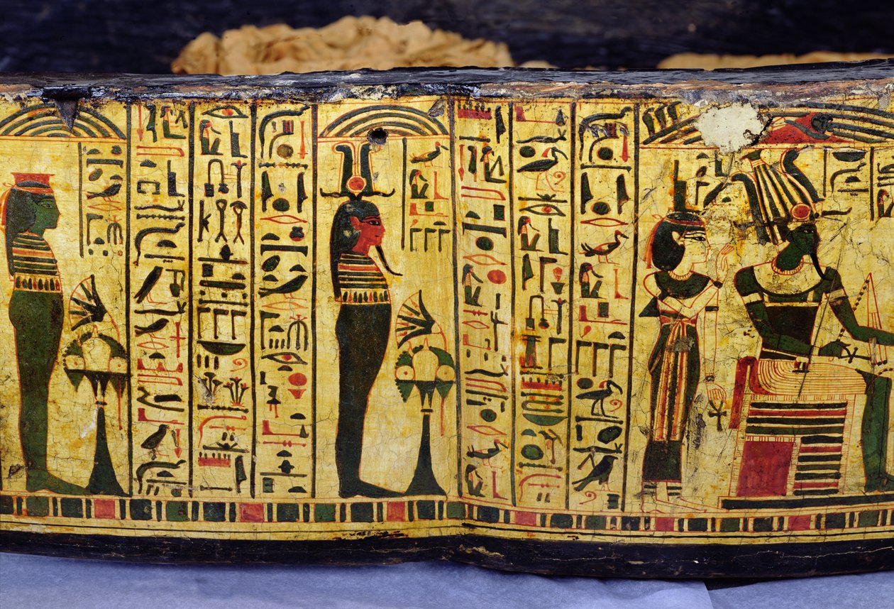 Detalhe da base exterior do caixão da múmia de Nesyamun, possivelmente encontrada em Deir El-Bahri, New Kingdom, c.1100 BC (madeira pintada) de Egyptian 20th Dynasty